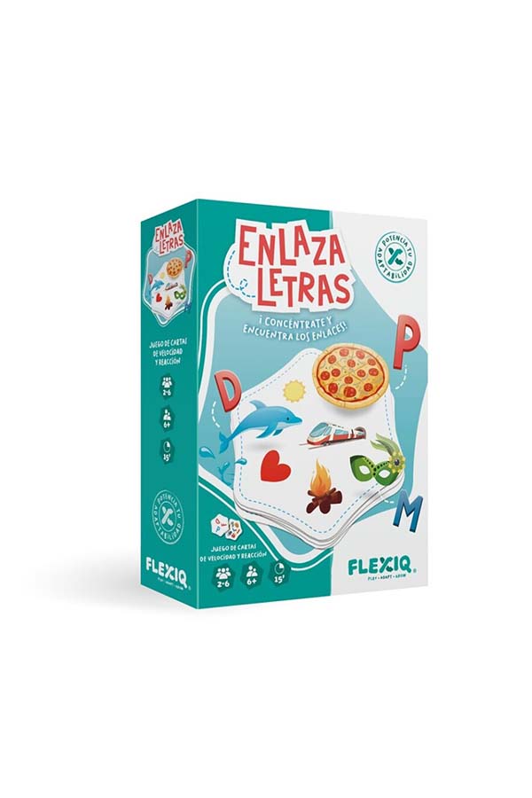 La caja del juego Enlaza Letras - FlexiQ presenta un diseño atractivo con imágenes coloridas. El objetivo es concentrarse y encontrar los enlaces entre letras e imágenes en un desafío de agilidad mental. Recomendado para jugadores a partir de 7 años.