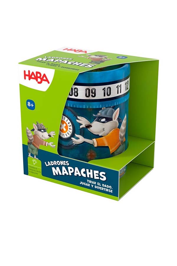 El empaque de Ladrones Mapaches de HABA en esta imagen destaca su diseño colorido y divertido. Con ilustraciones llamativas y el logo de la marca, este embalaje es ideal para atraer a los jugadores más jóvenes. El envase presenta información relevante sobre el juego, incluyendo la edad recomendada y el número de jugadores.