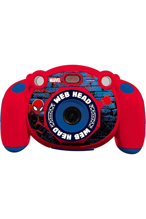 Cámara digital infantil con diseño de Spider-Man, ideal para niños. Cuenta con un diseño ergonómico en rojo y azul, con agarres laterales y una lente central decorada con la temática de "Web Head".