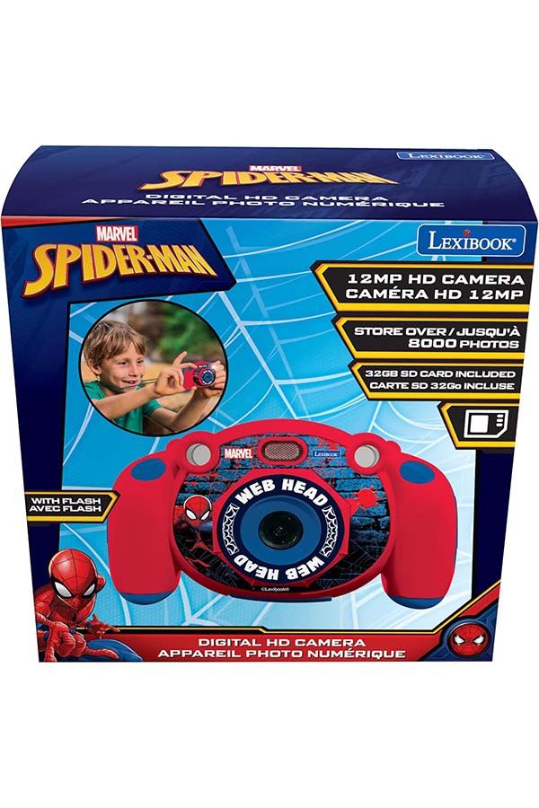 Caja del producto con detalles clave como resolución de 12MP, almacenamiento para más de 8000 fotos, inclusión de una tarjeta SD de 32GB y flash incorporado. Se observan ilustraciones y el logotipo de Marvel.