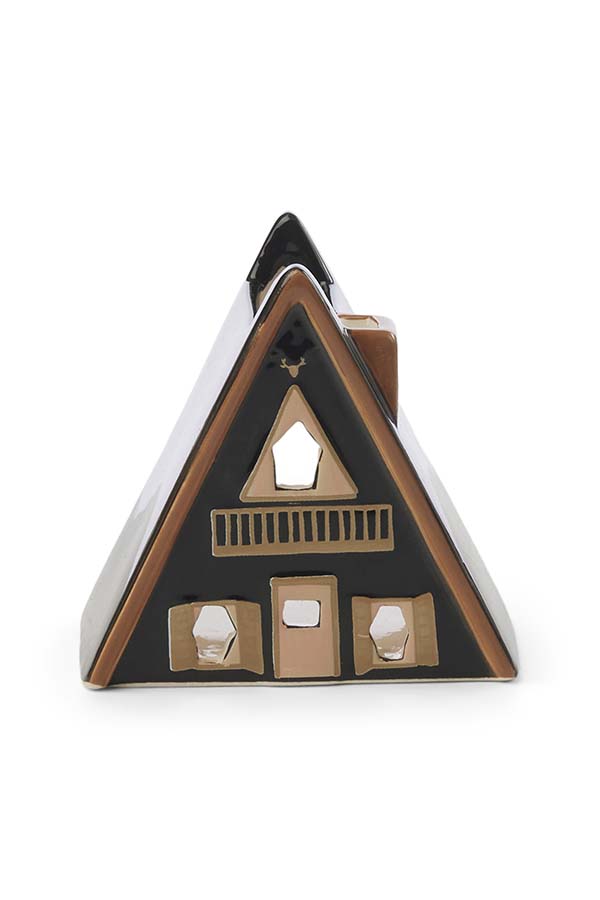 Porta incienso con diseño de cabaña nórdica en cerámica esmaltada en negro y marrón. Su forma triangular y detalles recortados permiten que el humo del incienso se disperse de manera armoniosa, creando un ambiente acogedor.