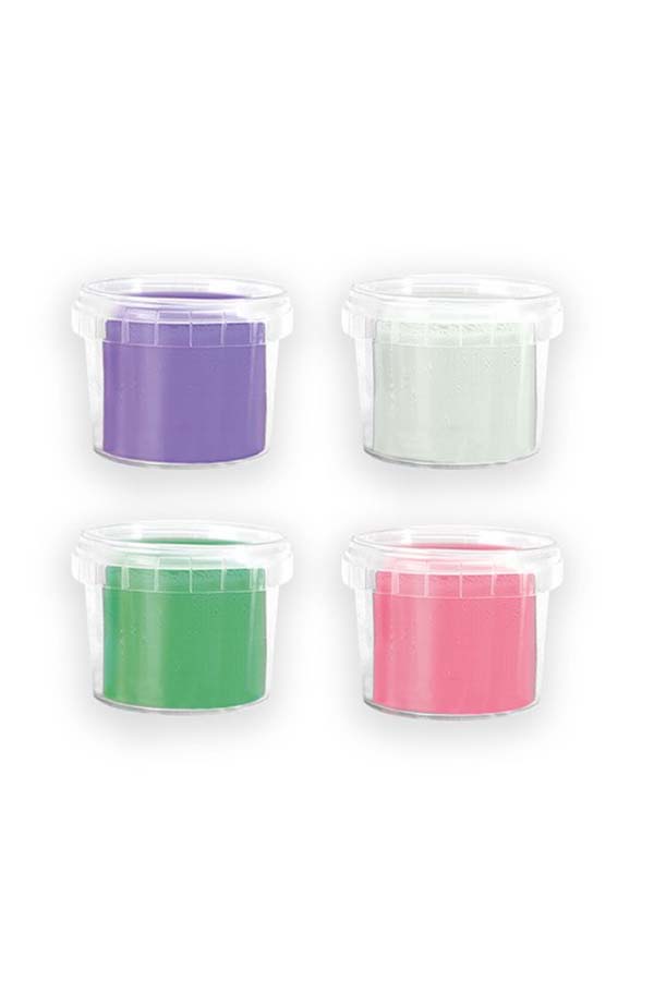 Cuatro botes individuales de plastilina SES en colores vibrantes: morado, blanco, verde y rosa. Ideal para jugar y modelar sin ensuciar, ya que es completamente lavable y libre de gluten.