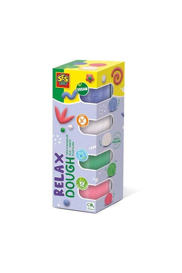 Set de plastilina Relax Dough de SES con 4 colores relajantes: azul, blanco, verde y rosa. Plastilina suave, segura y vegana, perfecta para moldear y desarrollar la creatividad infantil.