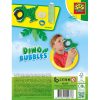 La parte trasera del set de pompas SES Dino Bubbles muestra todos los componentes del juego, incluyendo el dispensador de líquido, el aro y el recipiente para mojar el aro. Ideal para niños a partir de 3 años.