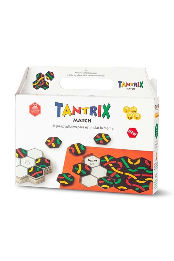 La caja de "Tantrix Match" muestra el contenido del juego y su objetivo: un reto de lógica y estrategia con piezas hexagonales. Perfecto para entrenar la mente mientras se resuelven los diferentes desafíos.