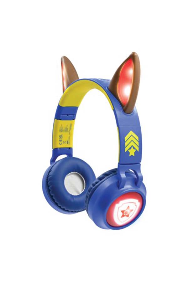 Primer plano de los auriculares de la Patrulla Canina con detalles de Chase, incluyendo orejas de perrito con luces LED. Son ajustables y cómodos para un uso prolongado.