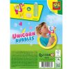 La parte trasera del set SES Unicorn Bubbles muestra el contenido del paquete, con su adorable diseño de unicornio, aro para pompas y botella de líquido jabonoso. Ideal para niños a partir de 3 años.