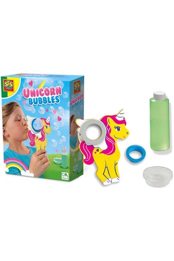 Un set mágico con todo lo necesario para hacer pompas de jabón con forma de unicornio. Perfecto para regalar y para que los niños disfruten de un juego seguro y creativo al aire libre.