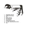 Esquema ilustrado de la herramienta con una numeración de cada una de sus 9 funciones, incluyendo llave ajustable, destornillador Phillips, lima, abridor de botellas, cuchillo dentado, abridor de latas, destornillador plano y llaves hexagonales de diferentes tamaños.