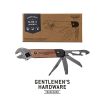 Imagen que muestra la llave inglesa multiherramienta 9 en 1 de Gentlemen's Hardware junto a su caja de presentación. La herramienta cuenta con un mango de madera y múltiples funciones desplegables, incluyendo destornilladores, abridor de botellas y una sierra.