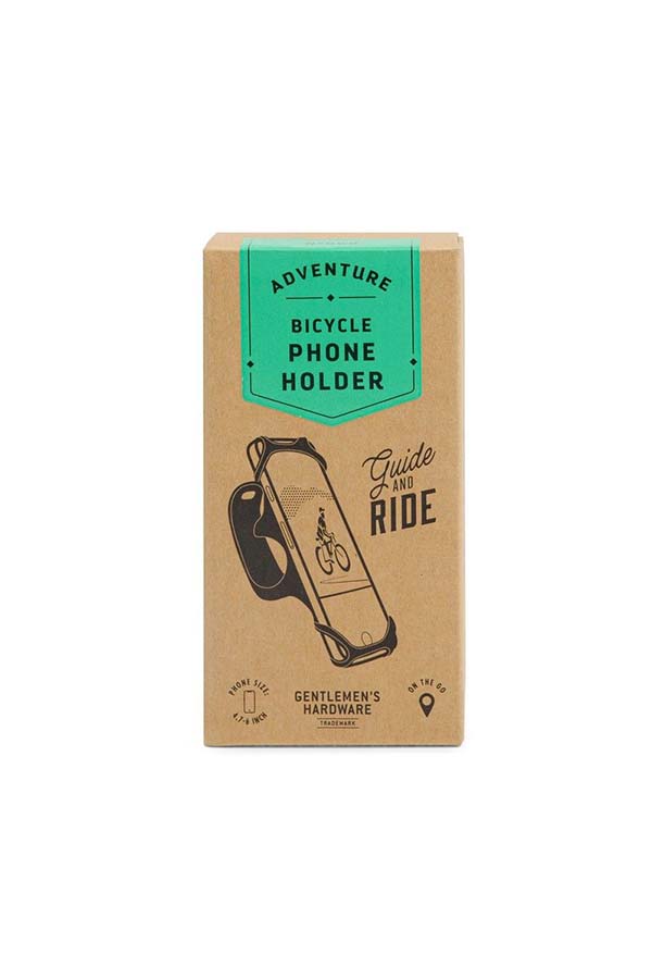 Empaque de cartón reciclado de Gentlemen’s Hardware con el texto "Adventure Bicycle Phone Holder - Guide and Ride", que indica que es un soporte para teléfono diseñado para ciclistas.