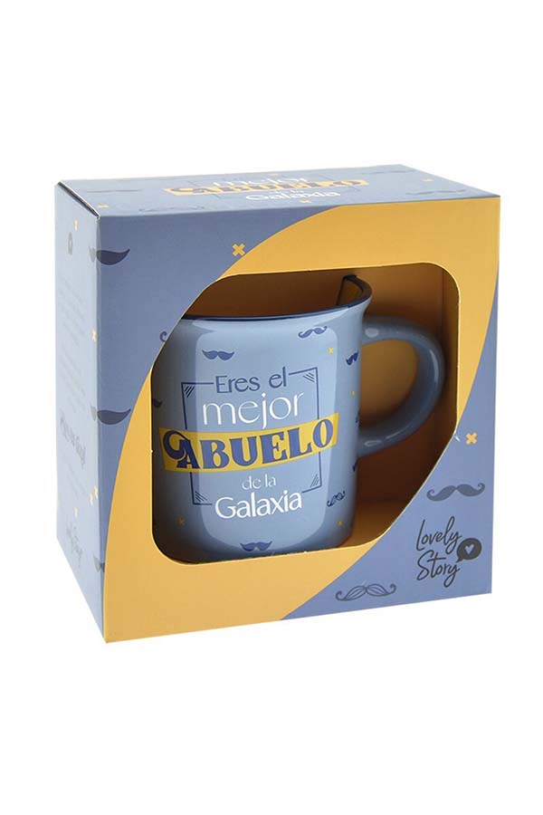 Esta taza de cerámica viene en una elegante caja de regalo a juego, con el mismo diseño en tonos azul y amarillo. Perfecta para sorprender a cualquier abuelo con un detalle único y emotivo. Su frase motivadora hará que cada café o té se disfrute con una sonrisa.