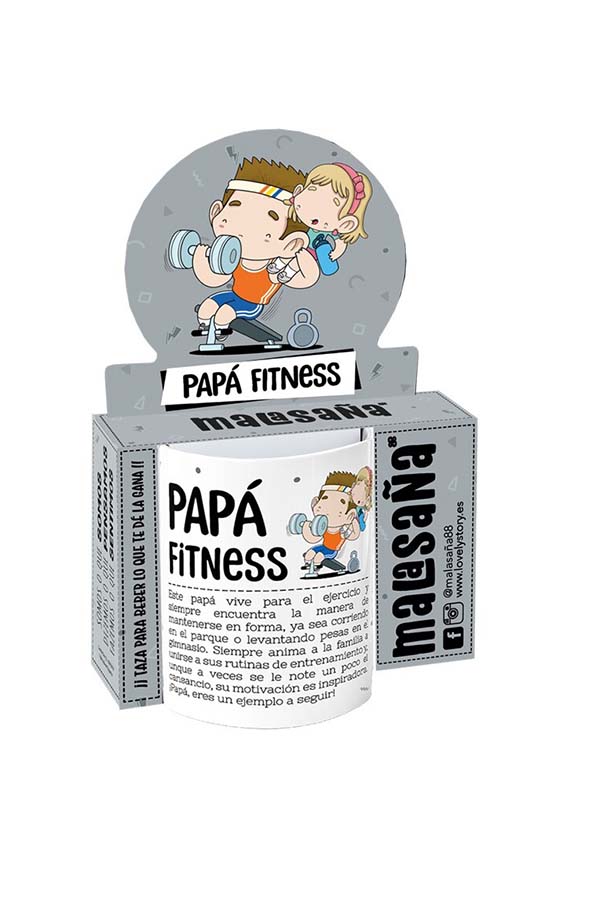 Taza de cerámica ideal para los padres apasionados por el deporte. La ilustración muestra a un papá levantando pesas con su hijo animándole. El texto resalta su dedicación al ejercicio y su inspiración para la familia.