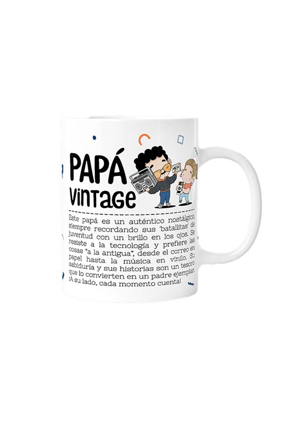 Taza "Papá Vintage" presentada en un empaque temático con diseño retro. La caja incluye una solapa decorativa con la misma ilustración de la taza, resaltando el mensaje de nostalgia y autenticidad. Perfecta para los papás que disfrutan de lo clásico.