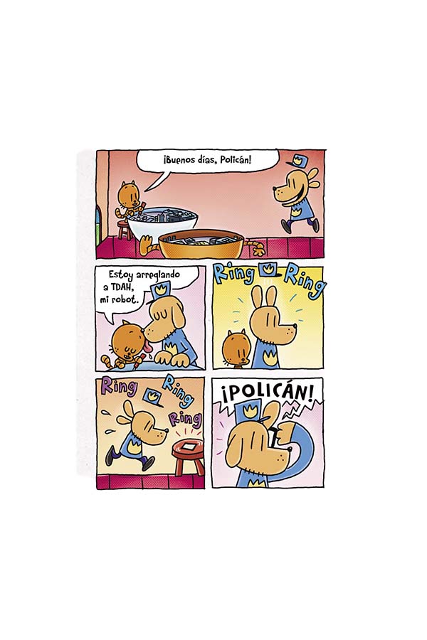 Viñeta del cómic "Policán" donde aparece el protagonista interactuando con otros personajes. Se presenta el robot TDAH, y hay una llamada de teléfono que interrumpe la escena. Colores vivos y estilo muy expresivo.