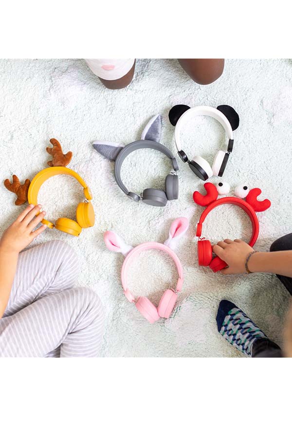 Auriculares infantiles con orejas de animales intercambiables: panda, zorro, conejo, reno y lobo.
