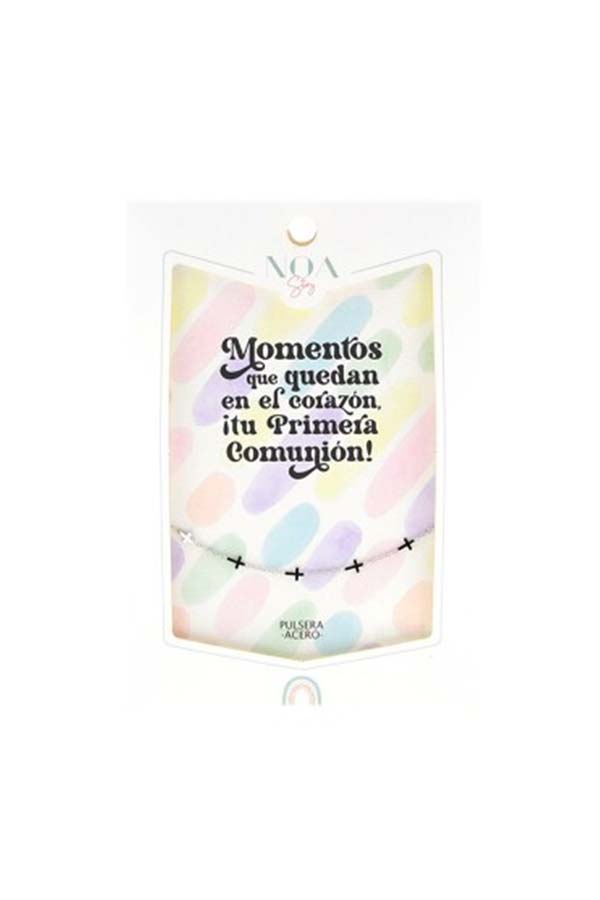 Una pulsera de acero con cruces negras, elegante y significativa, diseñada para recordar siempre el día de la Primera Comunión. Ideal como regalo con valor sentimental.