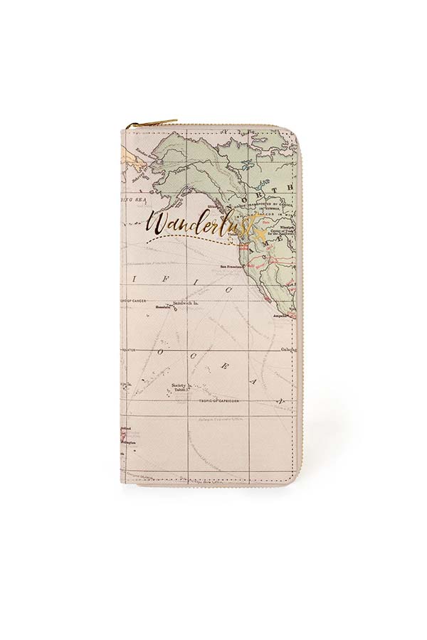 Diseño elegante con mapa vintage y la palabra "Wanderlust" en dorado. Ideal para mantener tus documentos de viaje organizados y con estilo.