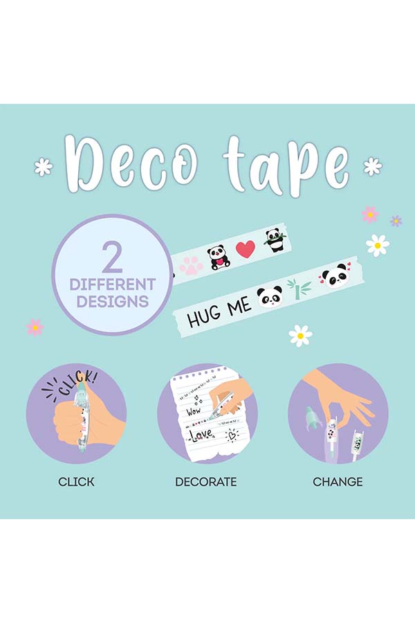 Diseños con pandas y frases como “HUG ME” para decorar con estilo. Haz clic, decora y cambia el recambio para seguir usando tu deco tape.