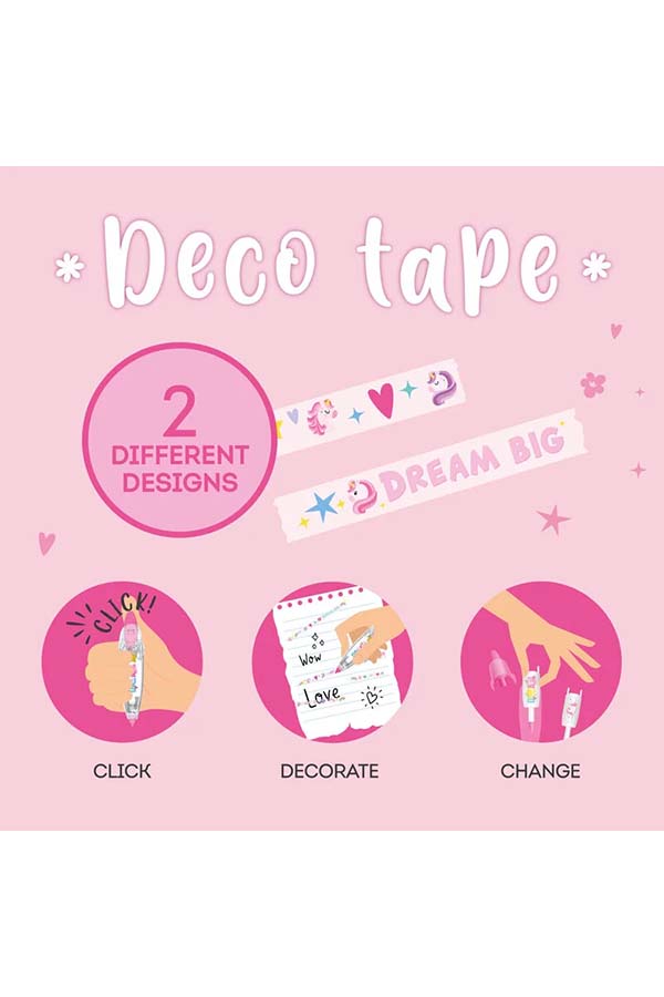 Descubre los diseños incluidos: uno con corazones y unicornios y otro con la frase "DREAM BIG". Solo haz clic, decora y cambia el recambio para seguir creando sin parar.