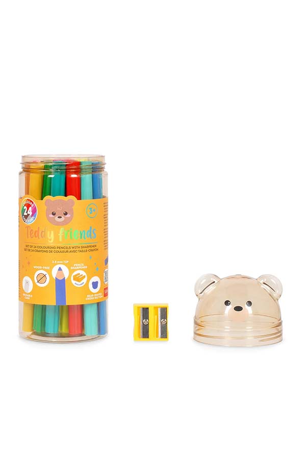 Incluye 24 lápices de colores vivos, sacapuntas doble y estuche de osito para mantener todo en orden.