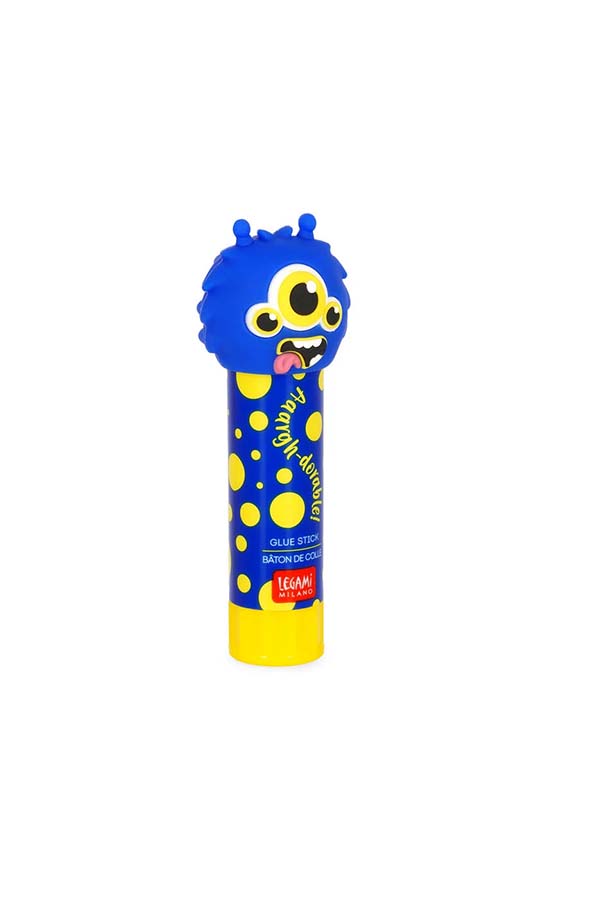 Barra de pegamento Legami con tapa de monstruo azul y cuerpo azul con lunares amarillos.