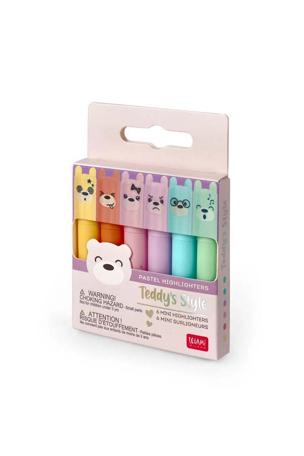 Estuche con 6 mini rotuladores pastel de la colección Teddy's Style de Legami. Diseño adorable, ideal para tu escritorio o para regalar.