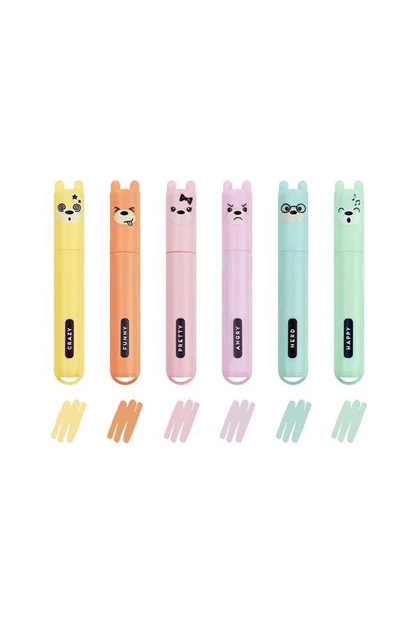 Pack de 6 mini rotuladores pastel con divertidos diseños de ositos y diferentes expresiones. Colores suaves y escritura fluida, perfectos para subrayar con estilo.