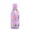 Botella reutilizable infantil decorada con aves tropicales y flores sobre fondo lila. Ideal para colegio, excursiones y actividades diarias.