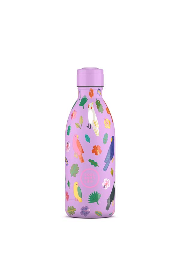 Botella reutilizable infantil decorada con aves tropicales y flores sobre fondo lila. Ideal para colegio, excursiones y actividades diarias.