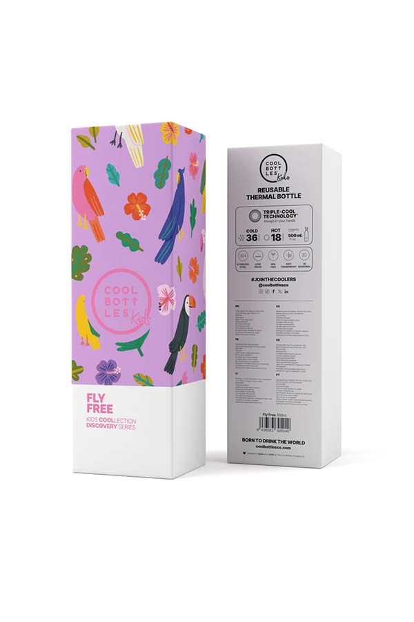 Packaging oficial de la colección Fly Free de Cool Bottles Kids. Diseño colorido con aves exóticas y tecnología térmica de alto rendimiento.