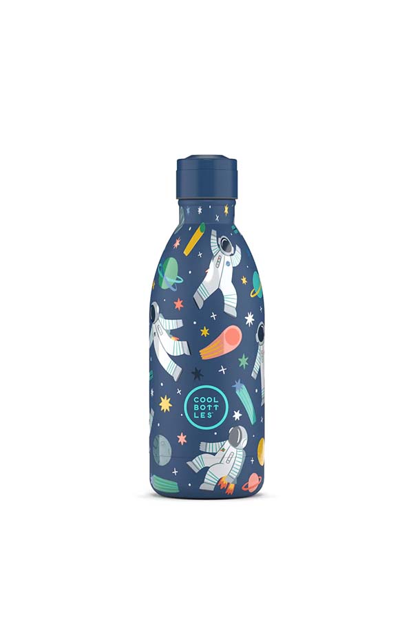 Botella reutilizable infantil con estampado espacial de astronautas, planetas y estrellas. Fabricada en acero inoxidable con aislamiento térmico de larga duración.