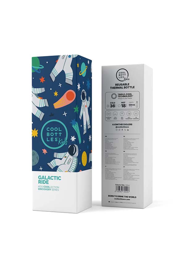Presentación de la colección Galactic Ride de Cool Bottles Kids. Diseño inspirado en el espacio con tecnología Triple Cool™ y capacidad de 500 ml.