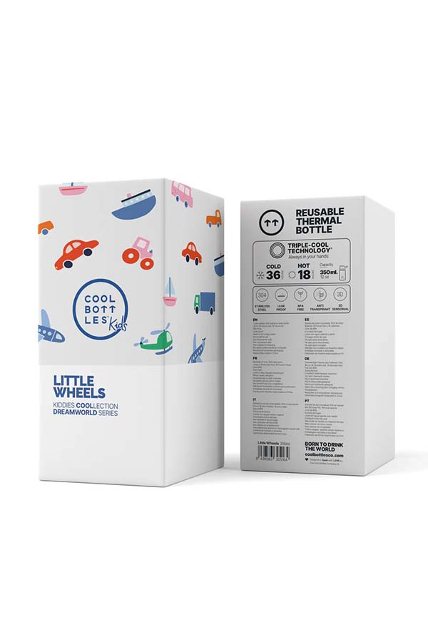 Packaging oficial de la colección Little Wheels de Cool Bottles Kiddies. Diseño infantil inspirado en medios de transporte con tecnología Triple Cool™ y capacidad de 350 ml.