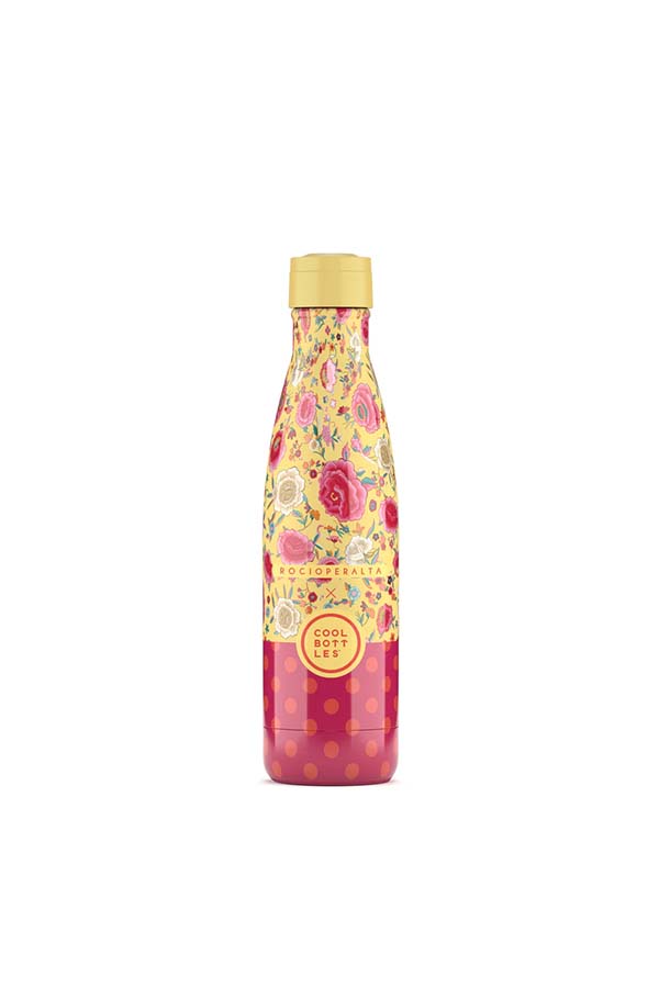 Botella reutilizable de acero inoxidable con elegante diseño floral inspirado en el estilo flamenco. Una edición exclusiva de Rocío Peralta llena de color, arte y personalidad.
