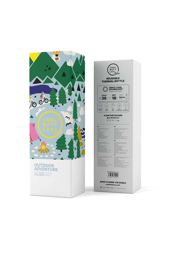 Packaging oficial de la colección Outdoor Adventure de Cool Bottles Kids. Diseño inspirado en aventuras al aire libre con tecnología Triple Cool™ y capacidad de 500 ml.