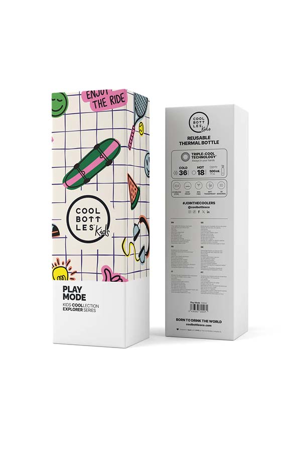 Presentación oficial de la colección Play Mode de Cool Bottles Kids. Diseño juvenil y creativo con tecnología térmica Triple Cool™ para el día a día.
