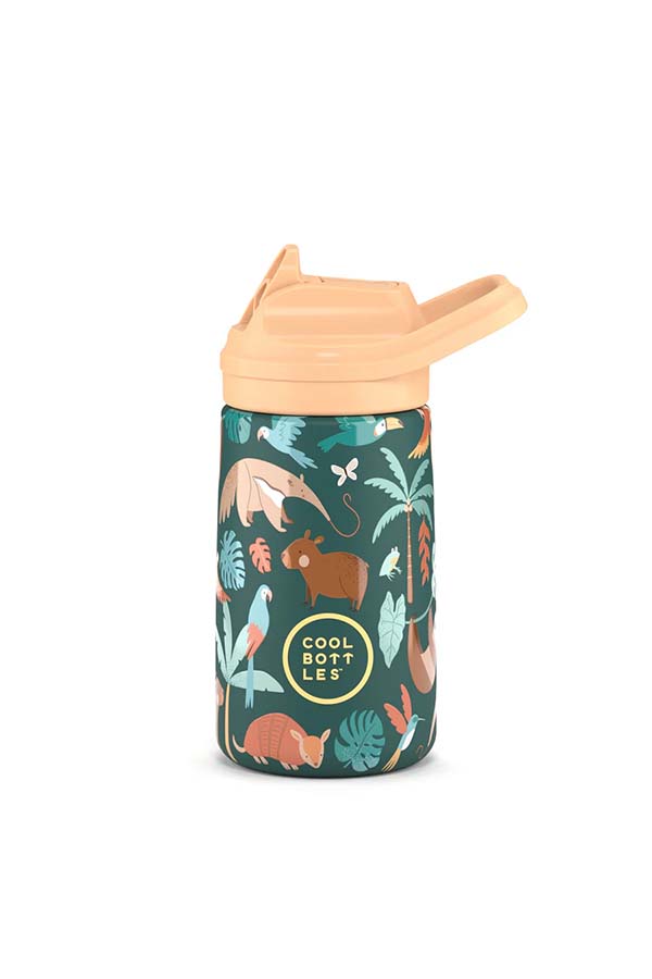 Botella reutilizable infantil con estampado de animales y naturaleza tropical. Fabricada en acero inoxidable con aislamiento térmico de larga duración.
