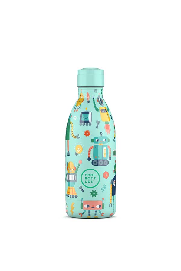 Botella reutilizable infantil con estampado de robots, engranajes y elementos tecnológicos. Fabricada en acero inoxidable con excelente conservación de temperatura.