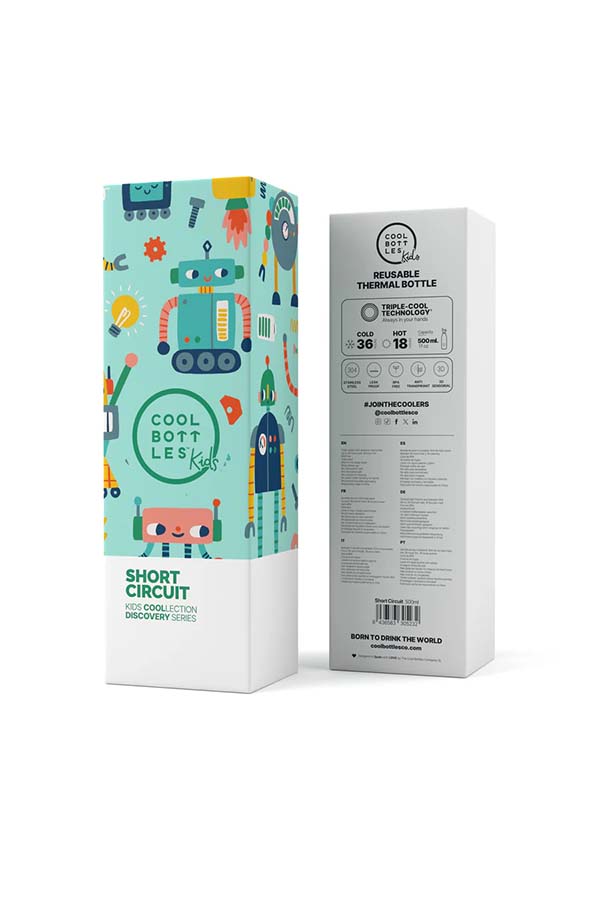 Packaging original de la colección Short Circuit de Cool Bottles Kids. Diseño inspirado en robots y tecnología con aislamiento térmico de alto rendimiento.